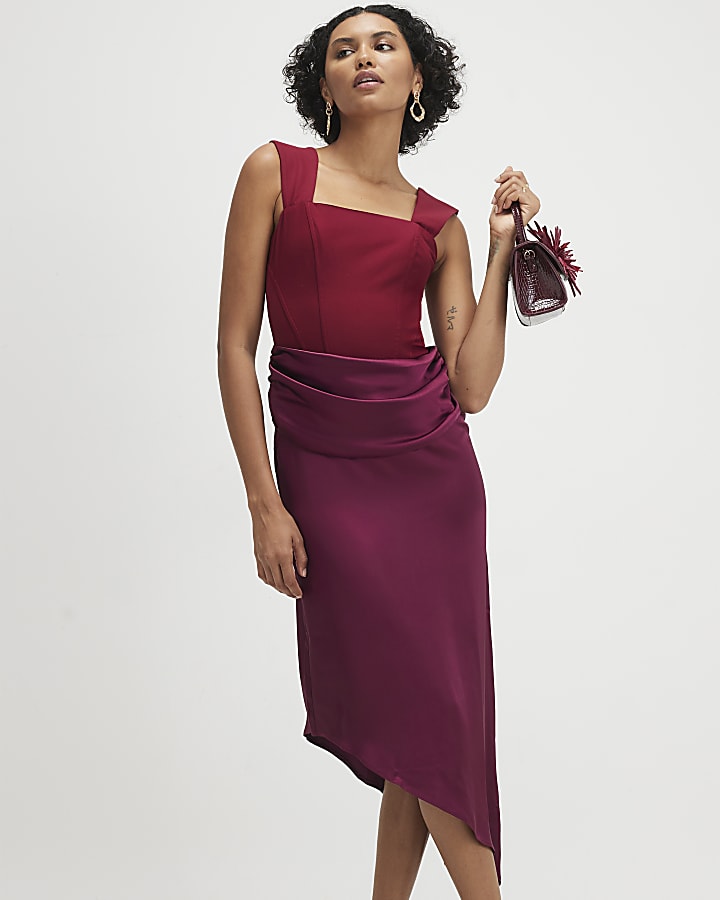 Red Satin Sleeveless Midi Dress