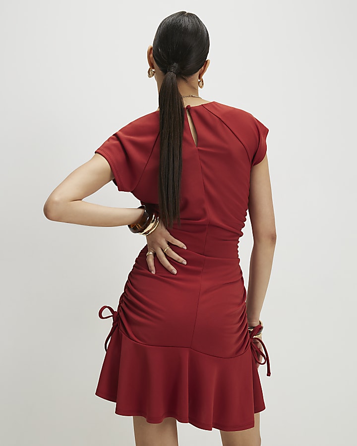 Red Short Sleeve Ruched Mini Dress