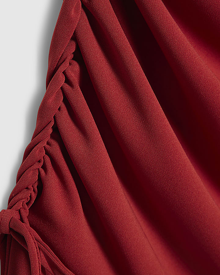 Red Short Sleeve Ruched Mini Dress