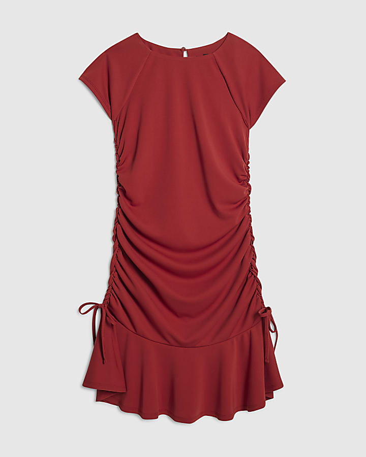 Red Short Sleeve Ruched Mini Dress