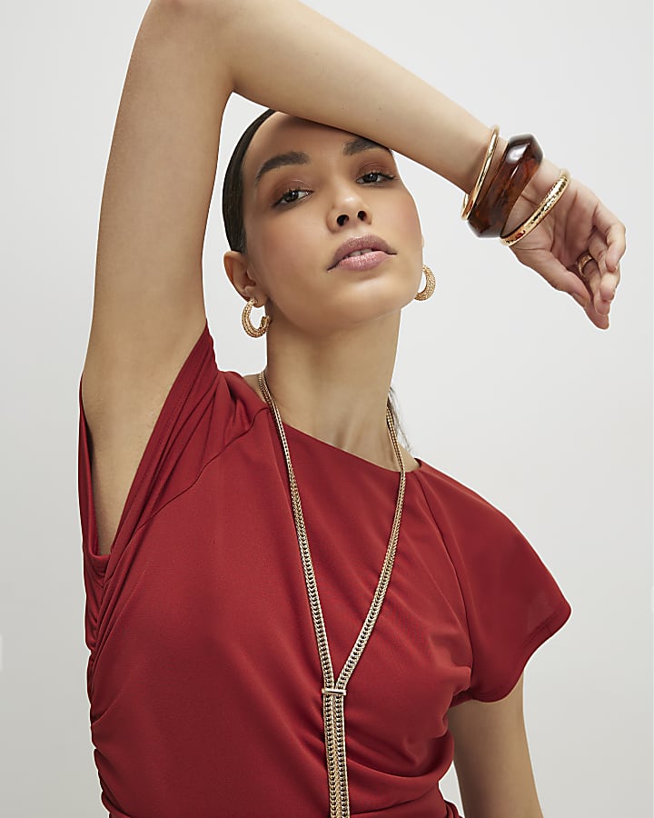 Red Short Sleeve Ruched Mini Dress