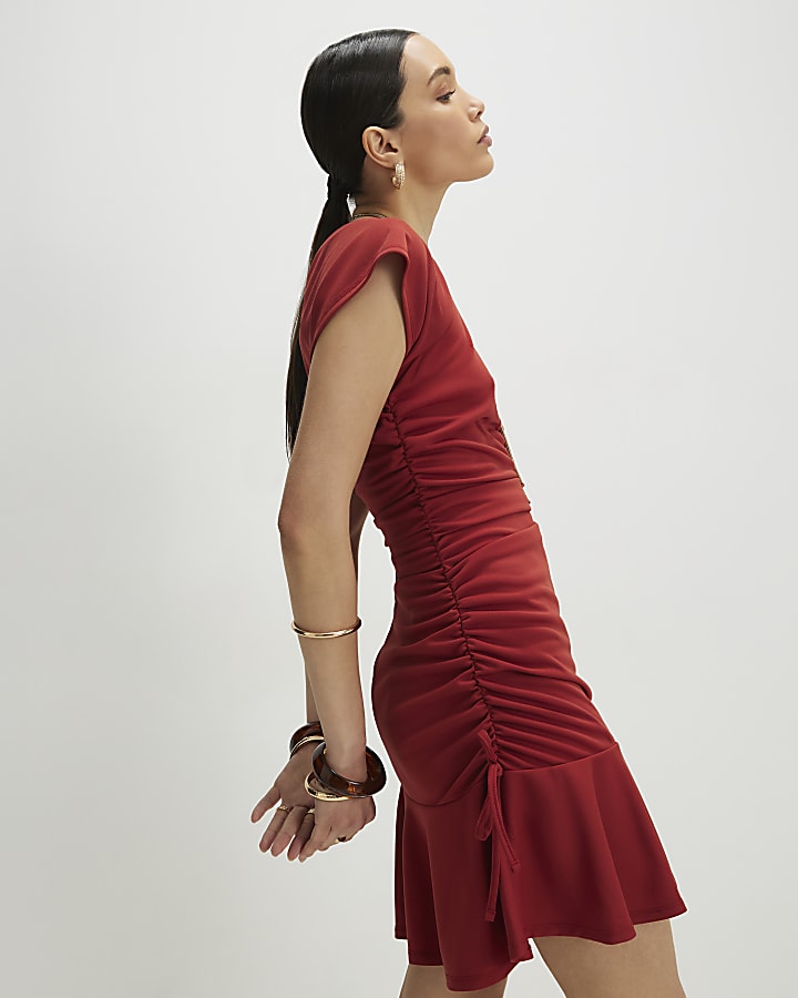 Red Short Sleeve Ruched Mini Dress