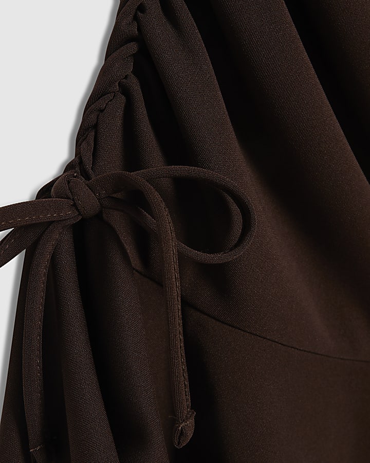 Brown Short Sleeve Ruched Mini Dress