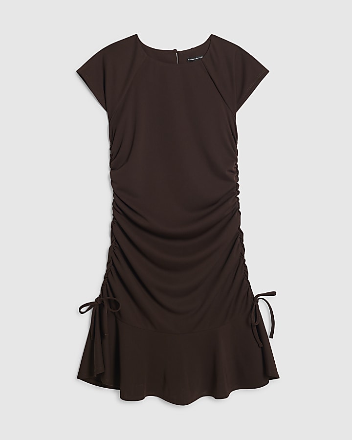 Brown Short Sleeve Ruched Mini Dress