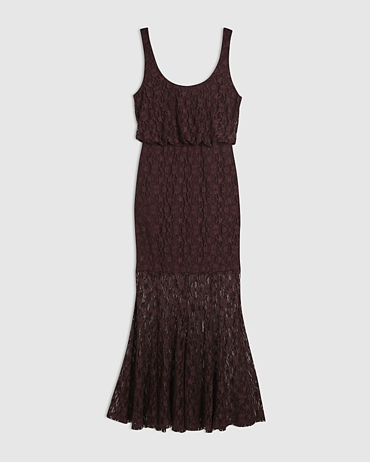 Brown Lace Sleeveless Maxi Dress