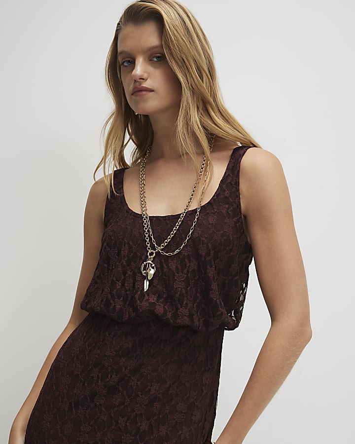Brown Lace Sleeveless Maxi Dress