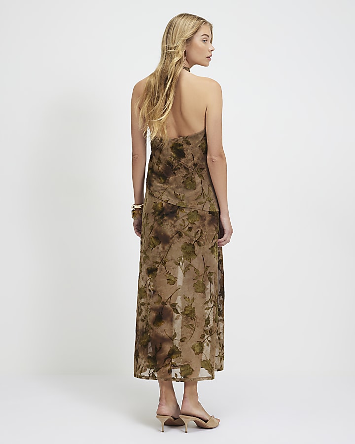 Khaki Halter Neck Devore Maxi Dress