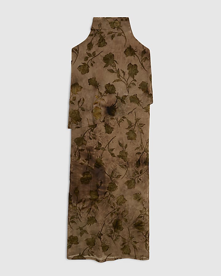 Khaki Halter Neck Devore Maxi Dress