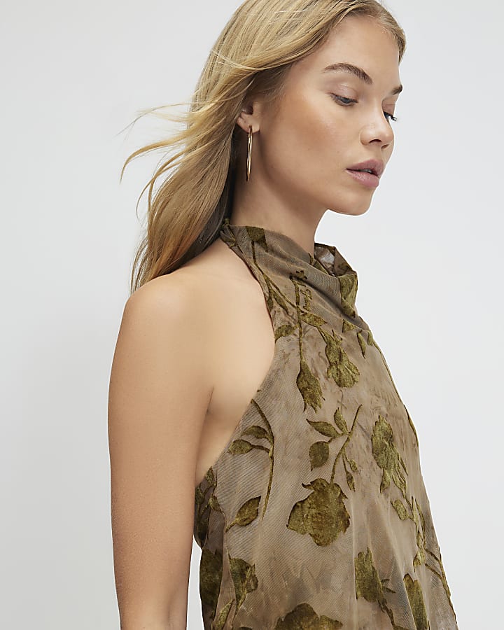 Khaki Halter Neck Devore Maxi Dress