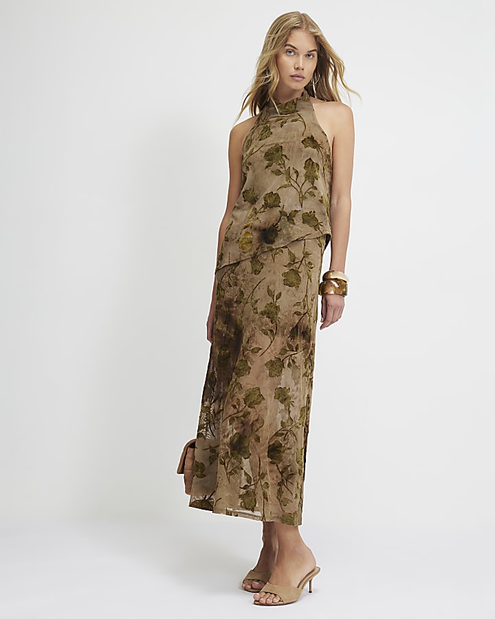 Khaki Halter Neck Devore Maxi Dress