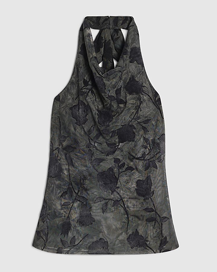 Blue Devore Halter Neck Scarf Top