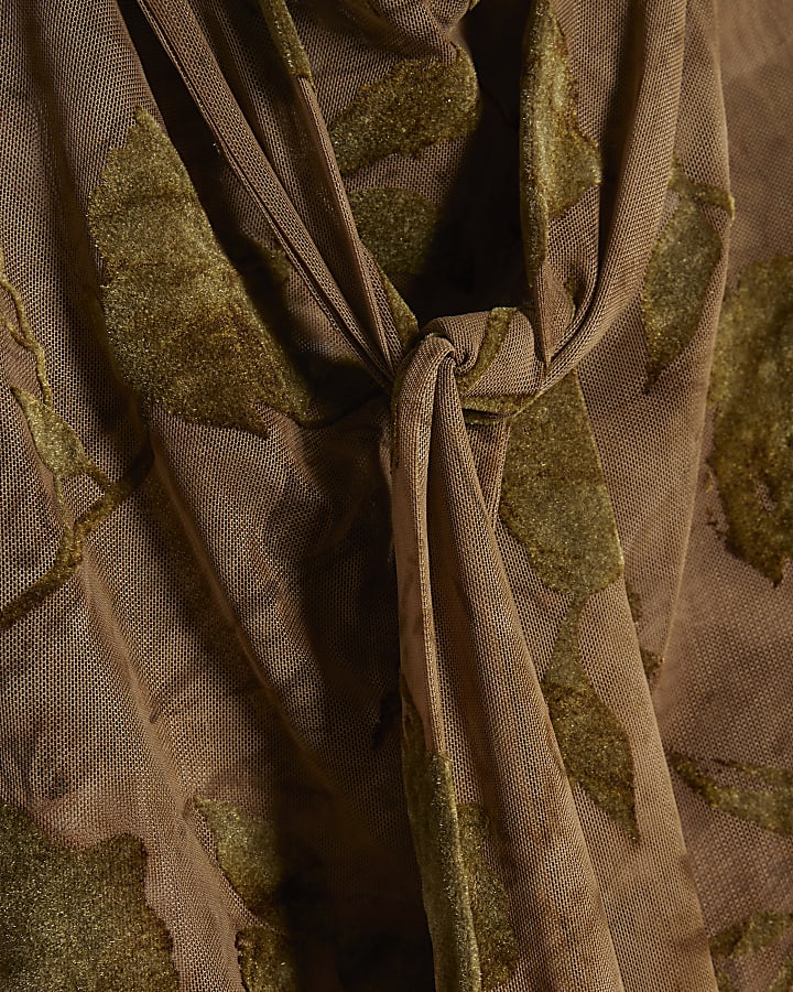 Khaki Devore Halter Neck Scarf Top