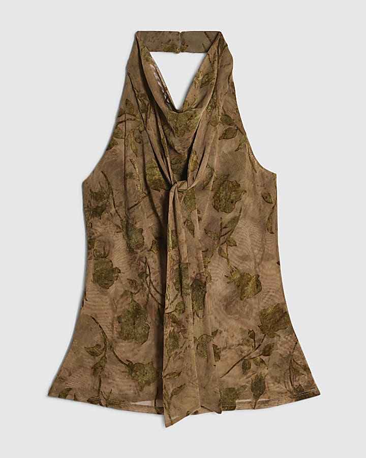 Khaki Devore Halter Neck Scarf Top