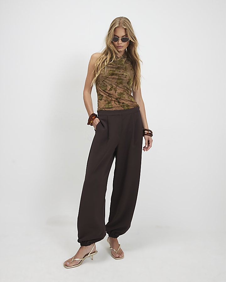 Khaki Devore Halter Neck Scarf Top