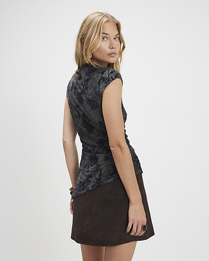 Blue Floral Devore Asymmetric Top