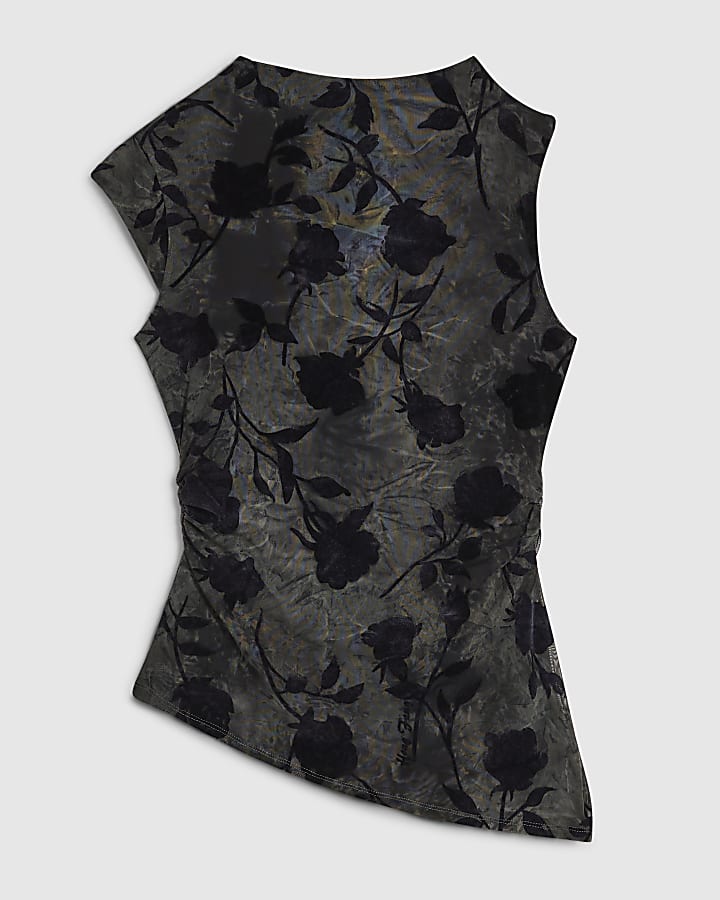 Blue Floral Devore Asymmetric Top