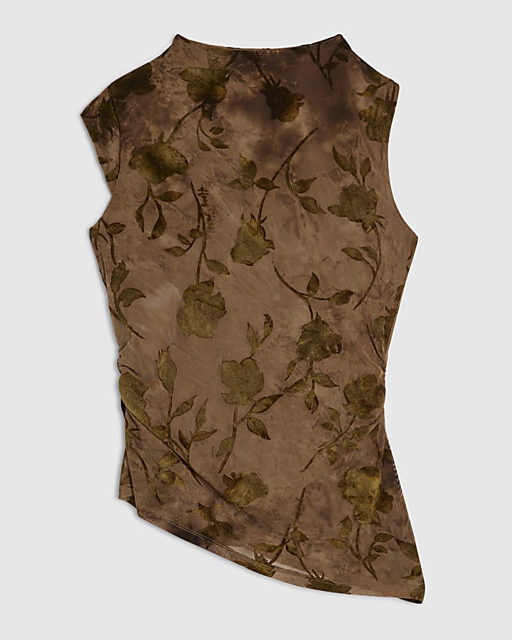 Khaki Devore Asymmetric Top