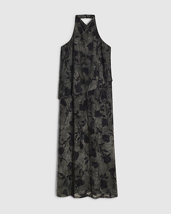 Blue Halter Neck Devore Maxi Dress