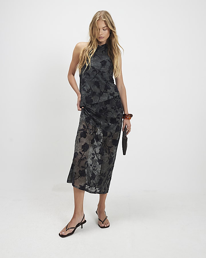 Blue Halter Neck Devore Maxi Dress