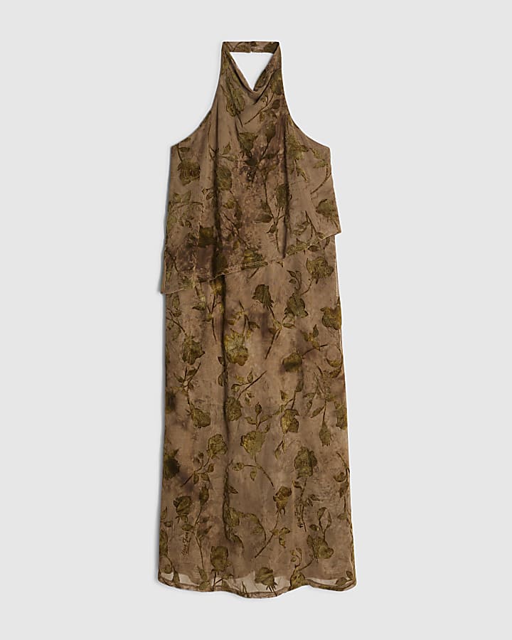 Petite Khaki Halter Neck Devore Maxi Dress