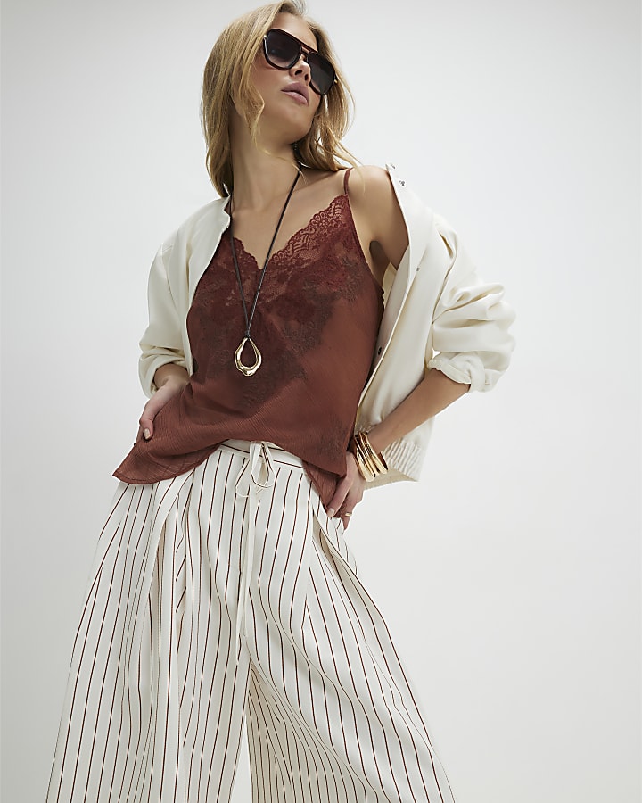 Cream Striped Tie Detail Culottes