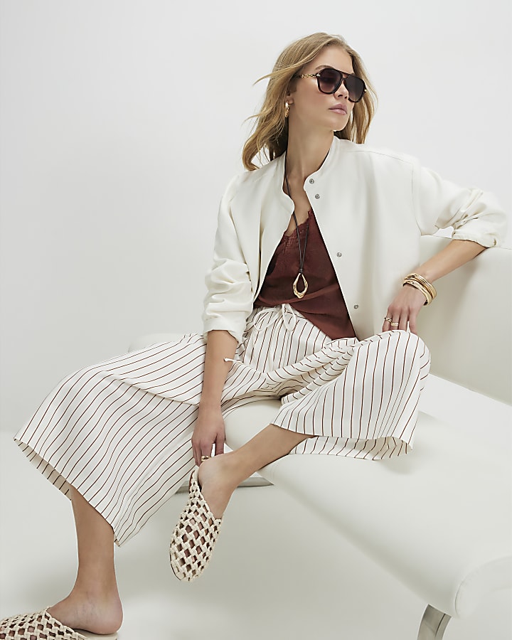 Cream Striped Tie Detail Culottes