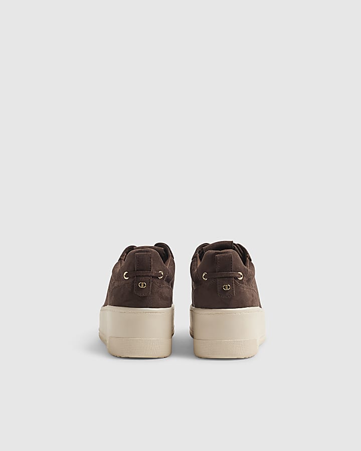 Brown Faux Suede Embossed Flatform Trainers