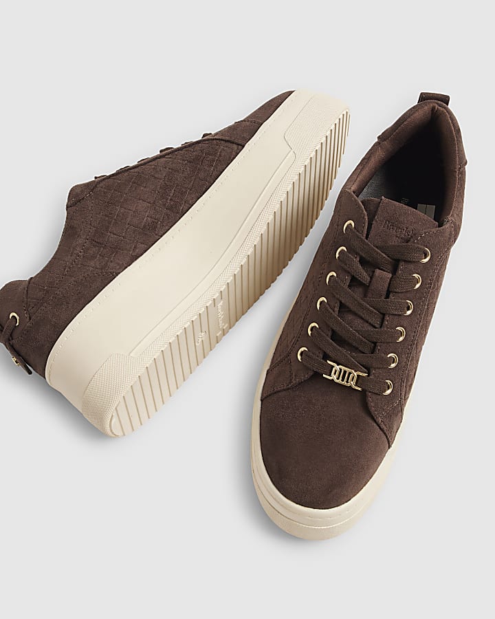 Brown Faux Suede Embossed Flatform Trainers