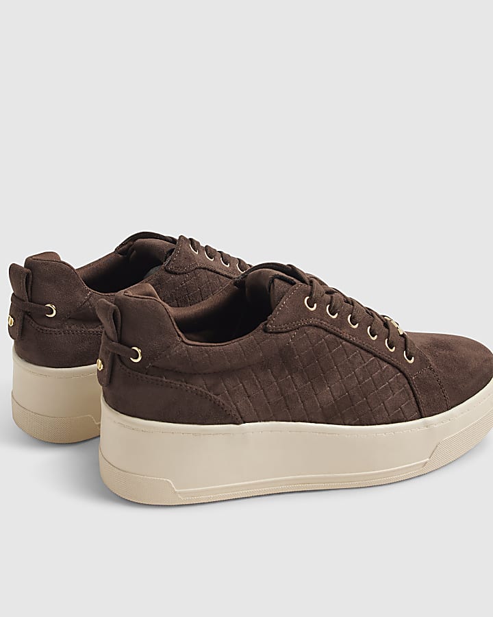 Brown Faux Suede Embossed Flatform Trainers