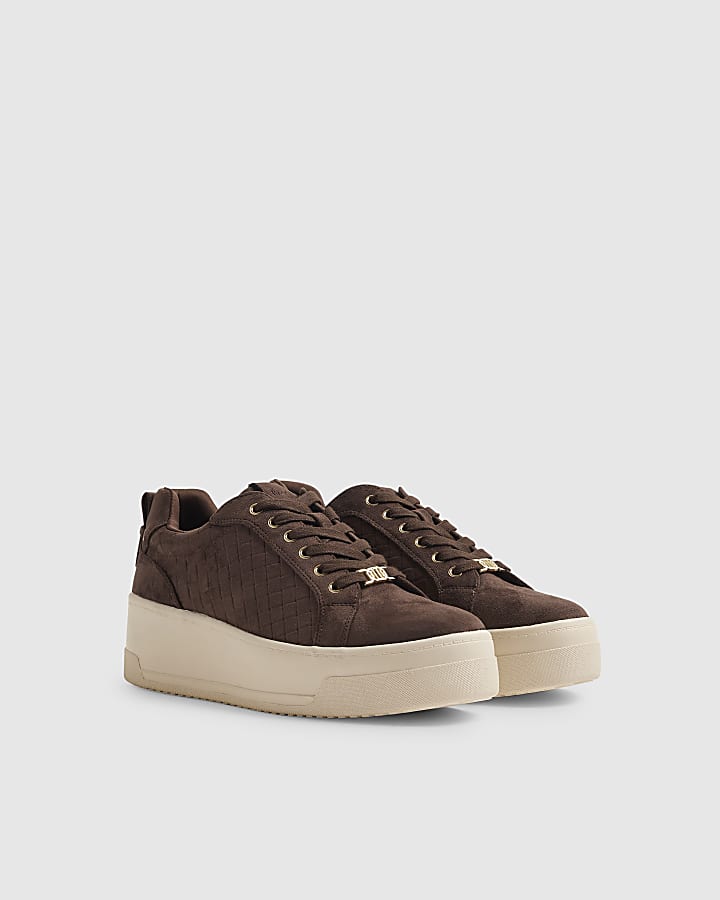 Brown Faux Suede Embossed Flatform Trainers