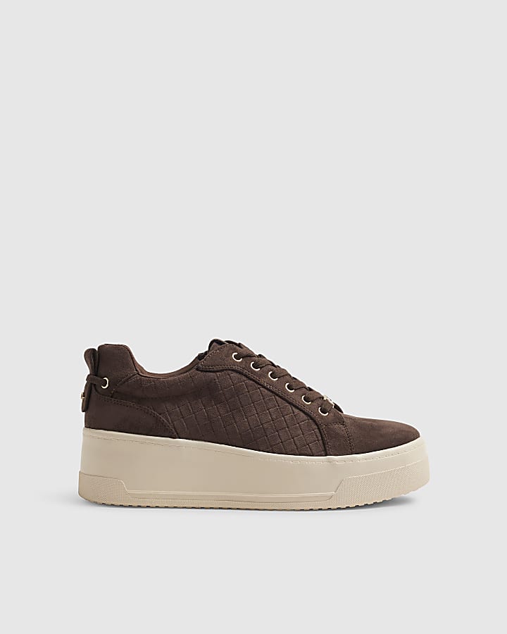 Brown Faux Suede Embossed Flatform Trainers