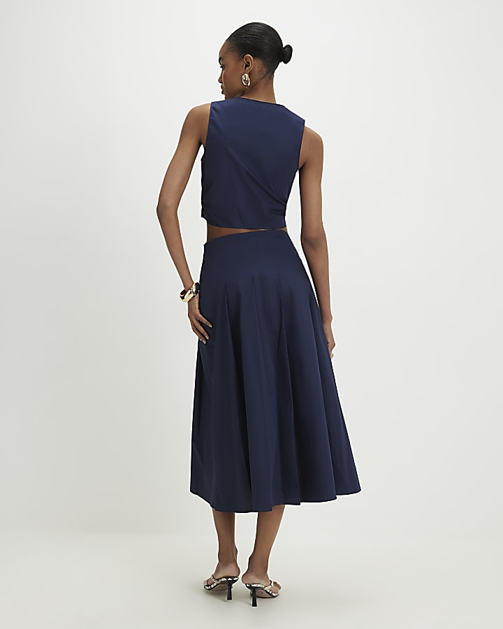 Navy Cotton Poplin Midi Skirt