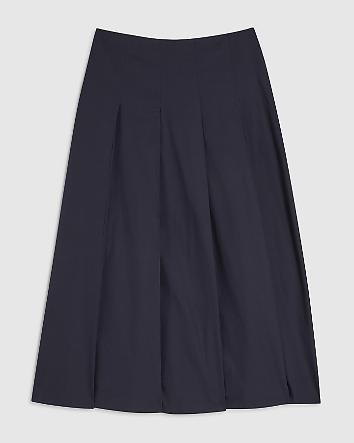 Navy Cotton Poplin Midi Skirt