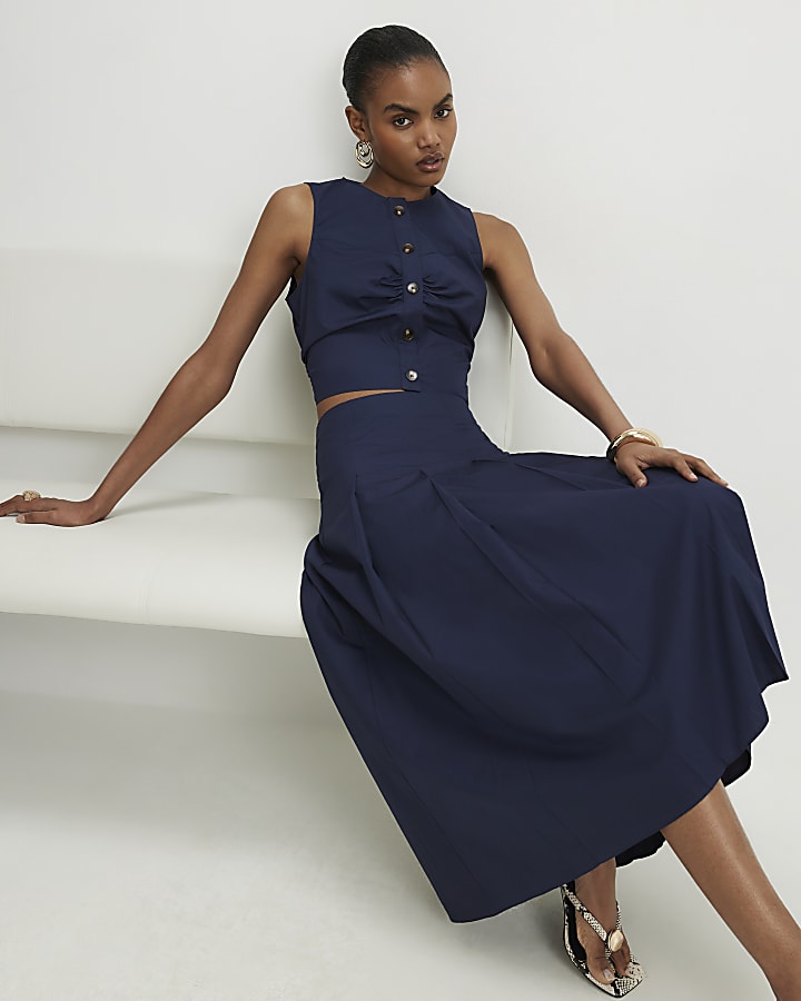 Navy Cotton Poplin Midi Skirt