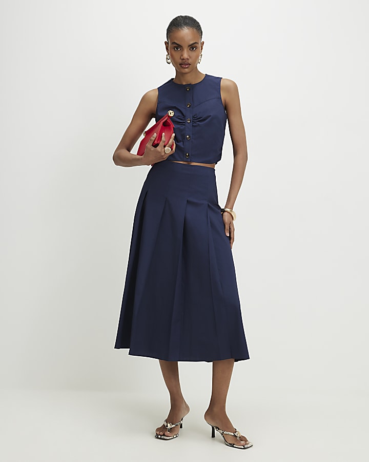 Navy Cotton Poplin Midi Skirt