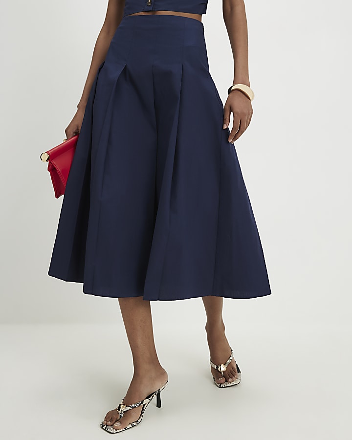 Navy Cotton Poplin Midi Skirt