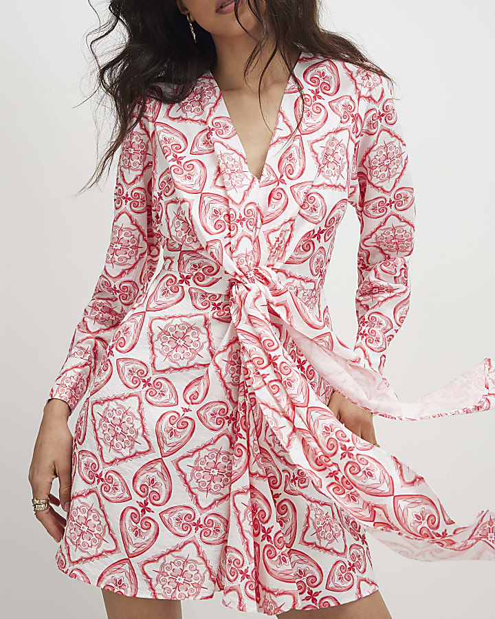 Red Long Sleeve Twist Front Mini Dress