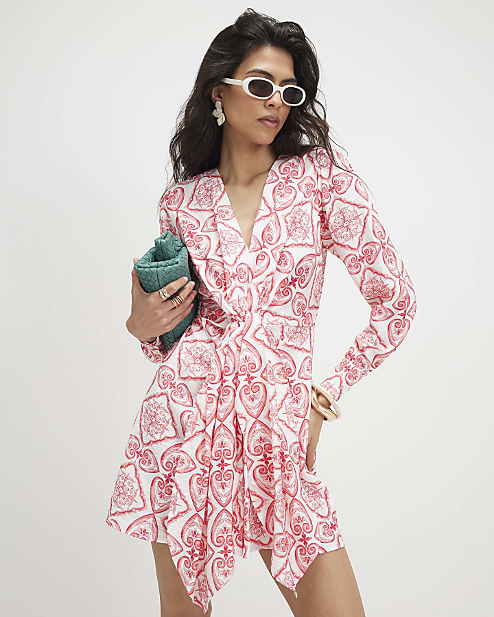 Red Long Sleeve Twist Front Mini Dress