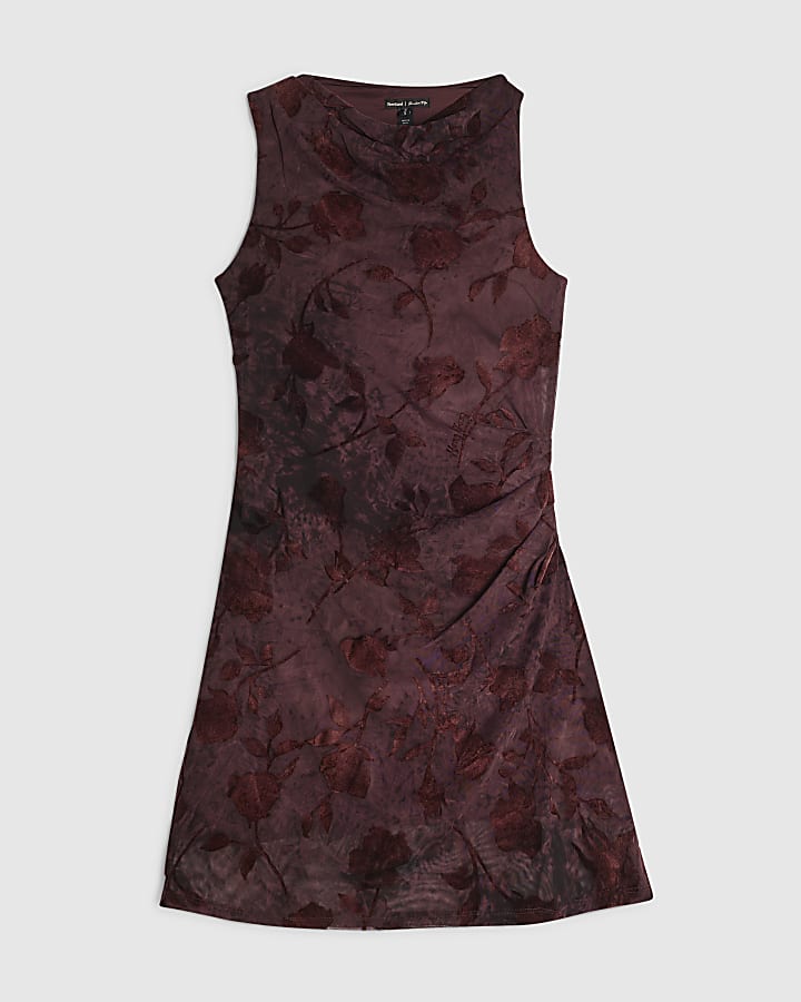 Red Devore Asymmetric Mini Dress