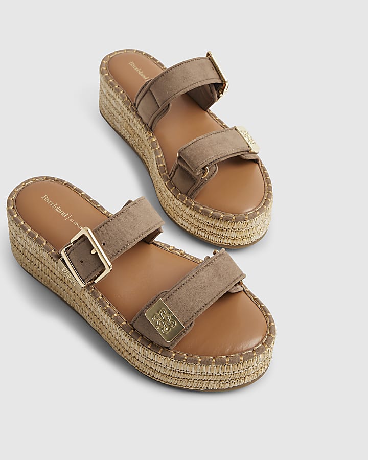 Beige Hardware Double Strap Wedge Sandals