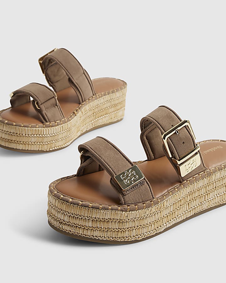 Beige Hardware Double Strap Wedge Sandals