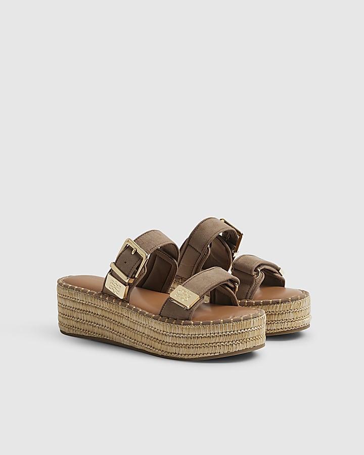 Beige Hardware Double Strap Wedge Sandals