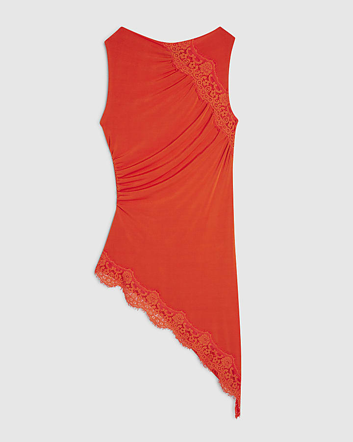 Orange Lace Trim Asymmetric Tunic Top