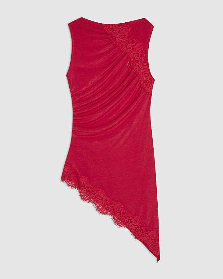 Pink Lace Trim Asymmetric Tunic Top