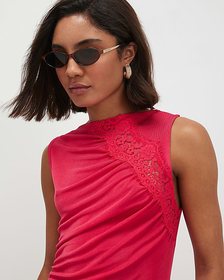 Pink Lace Trim Asymmetric Tunic Top