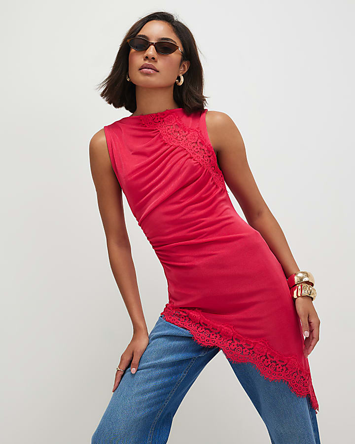 Pink Lace Trim Asymmetric Tunic Top
