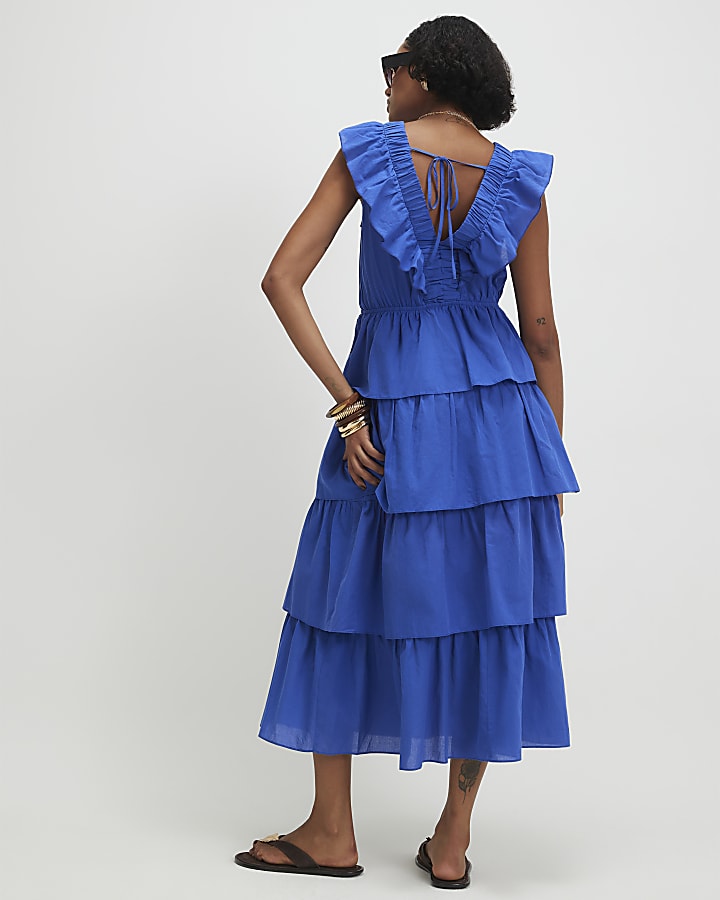 Blue Cotton Ruffle Sleeveless Midi Dress