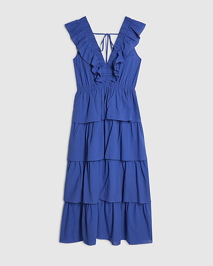 Blue Cotton Ruffle Sleeveless Midi Dress