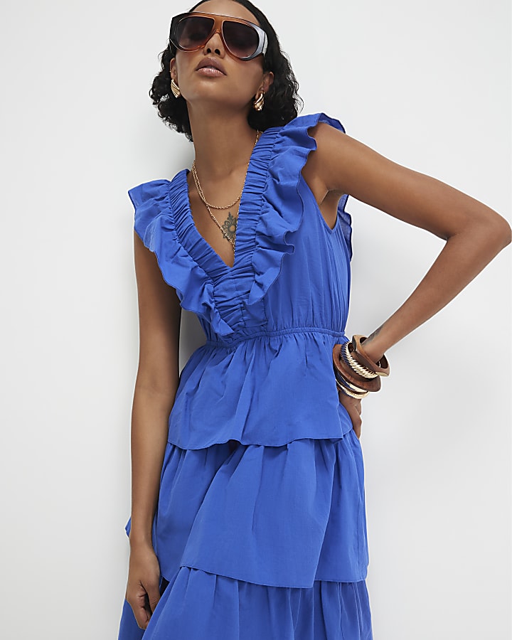Blue Cotton Ruffle Sleeveless Midi Dress