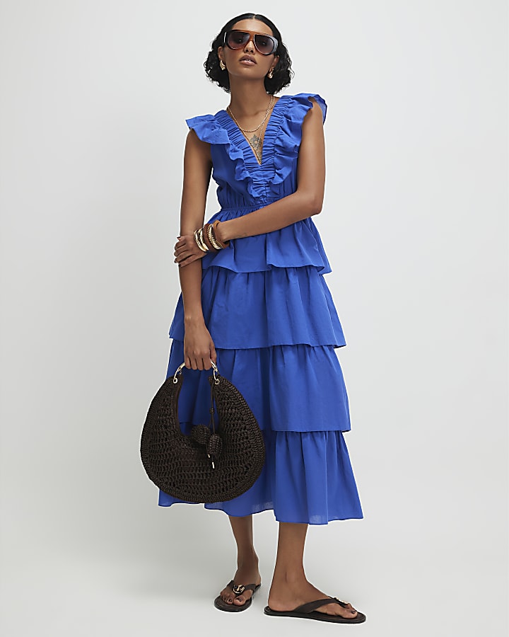 Blue Cotton Ruffle Sleeveless Midi Dress